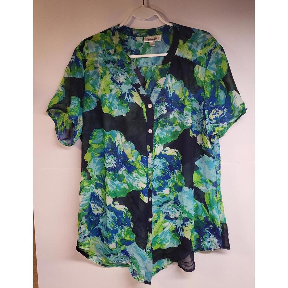 Dress Barn XL button up front half sleeve women's top blue/green print LG flower